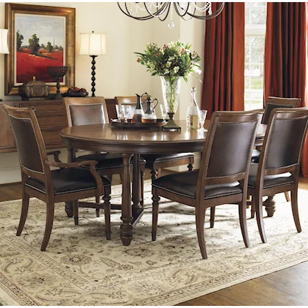 Seven-Piece Salem Round Leg Dining Table & Columbia Leather-Upholstered Chairs with Decorative Nailhead Trim Set